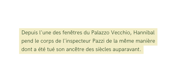 Depuis l une des fenêtres du Palazzo Vecchio Hannibal pend le corps de l inspecteur Pazzi de la même manière dont a été tué son ancêtre des siècles auparavant